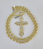 Real 10k Rope Chain Jesus Cross Charm Set 7mm 20"-28" Inch Necklace Yellow Gold, Men's