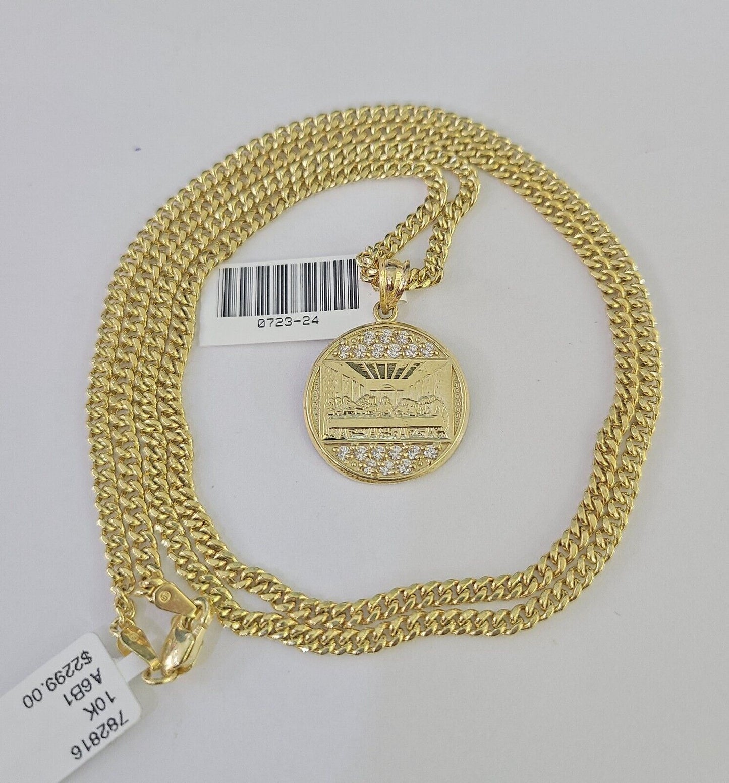 10K Gold Miami Cuban Chain Last Supper Charm 18"-30" 3mm REAL Pendant Necklace