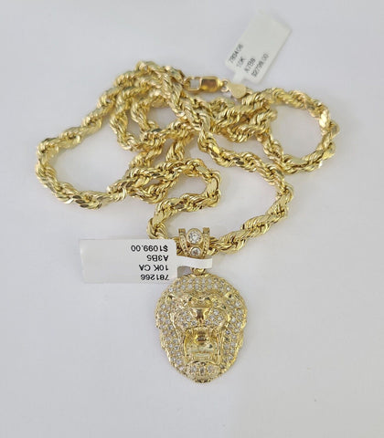 Real 10k Rope Chain RoaringLion Charm Necklace Pendant Set 5mm 20"-30" Inch Gold