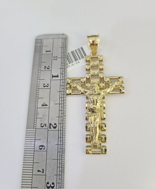 10k Solid Gold Cuban Curb Chain Jesus Cross Pendant 6mm 20"-30" SET Necklace