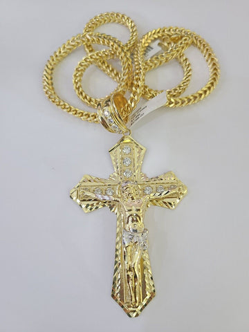 10K Franco Chain Jesus Cross Pendant Charm Necklace 20"-26" 5mm Gold Yellow SET