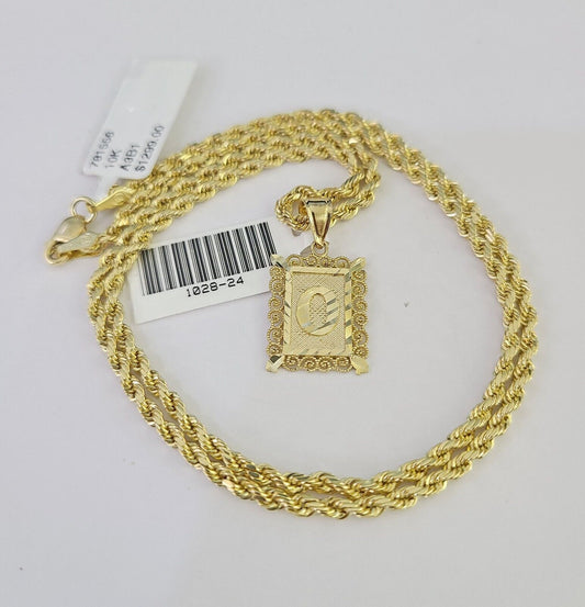 10k Gold Initial O Charm Rope Chain 16"-26" 2.5mm SET Necklace Alphabet Pendant