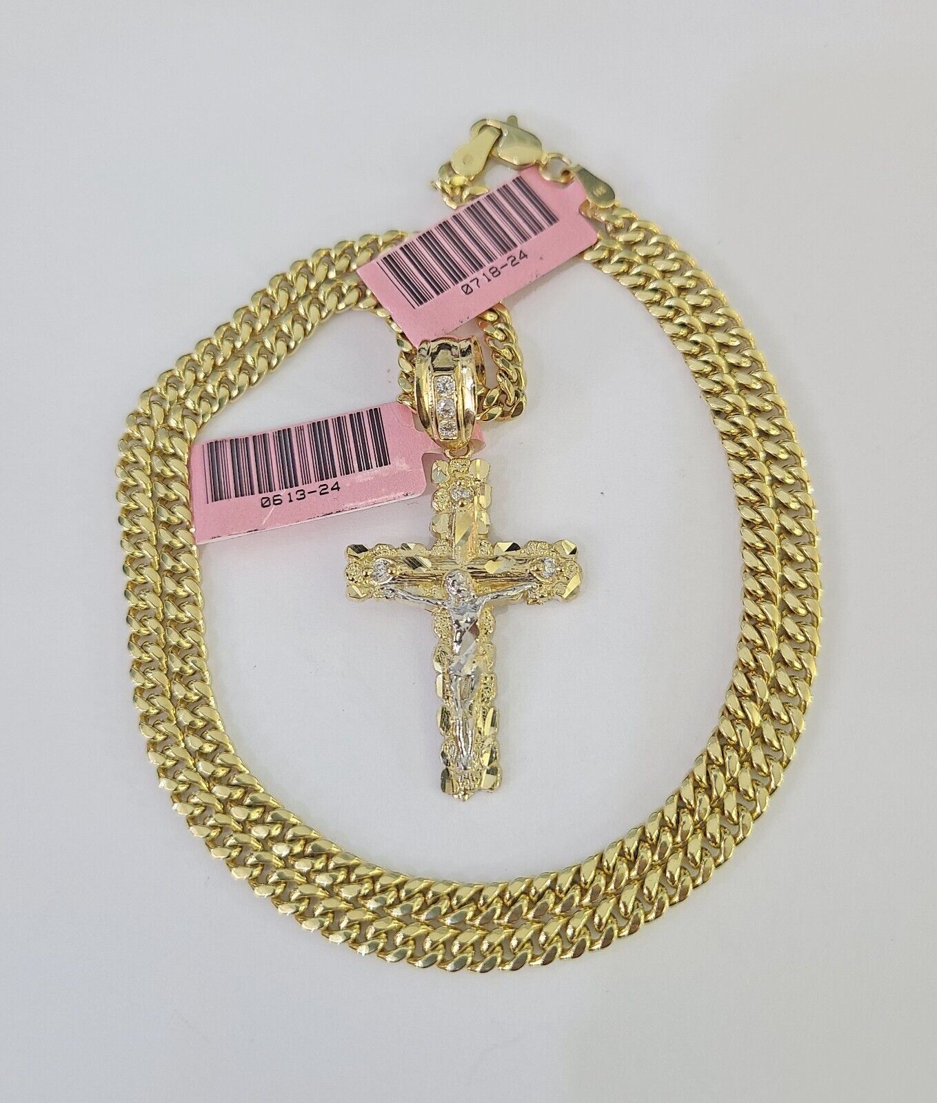 Real 14k Chain Cross Charm Set Miami Cuban Link 4mm Necklace Pendant Yellow Gold