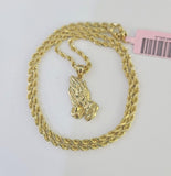 14k Rope Chain Praying Hands Charm Pendant Gold 2mm 18"-24inch SET Necklace