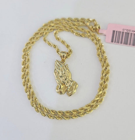 14k Rope Chain Praying Hands Charm Pendant Gold 2mm 18"-24inch SET Necklace