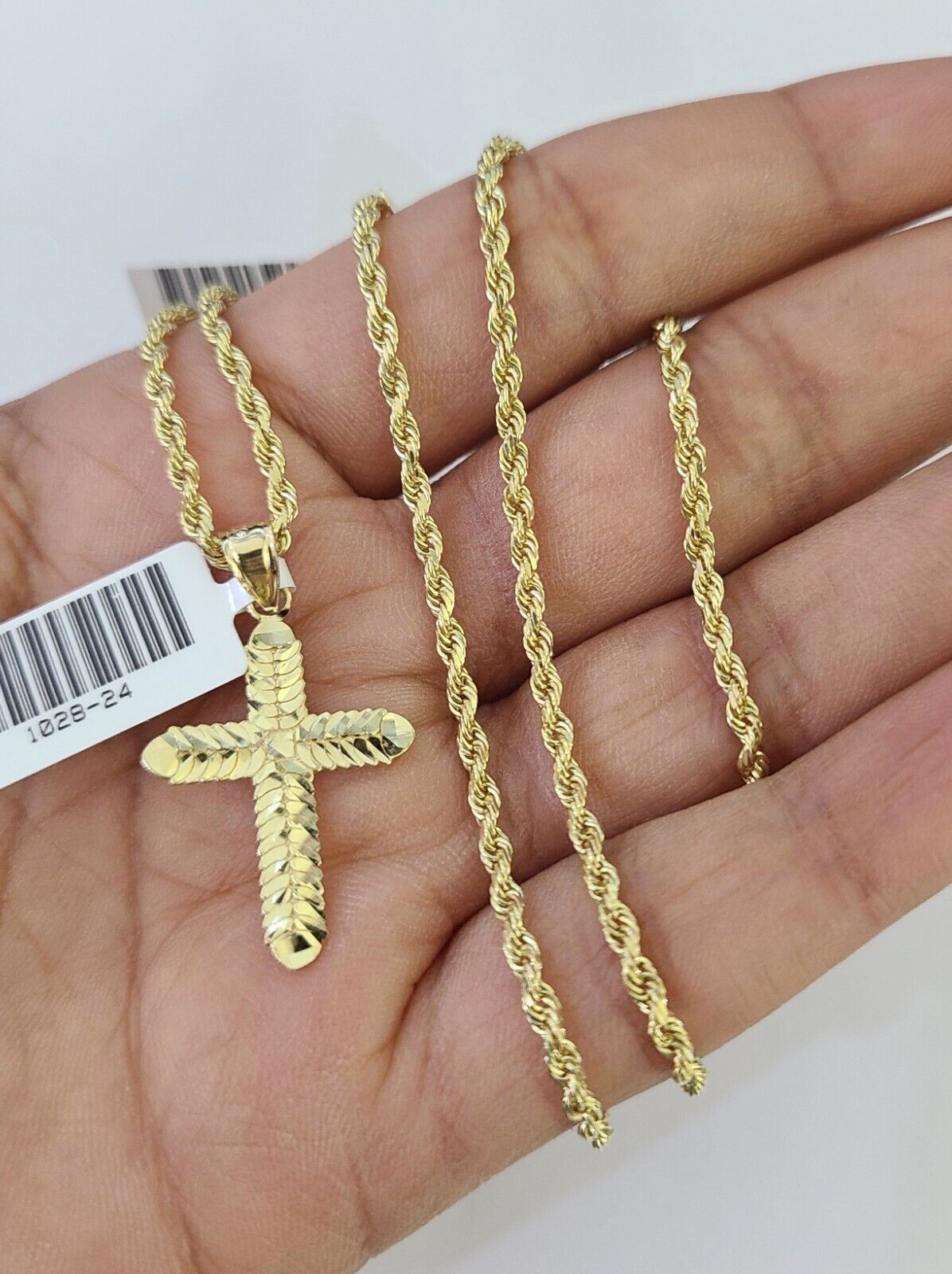 10k Solid Rope Chain 2mm Jesus Cross Pendant Charm Necklace SET 18-24 in