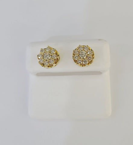 10k Diamond Flower Earrings Yellow gold Real screw-back Women Men Studs