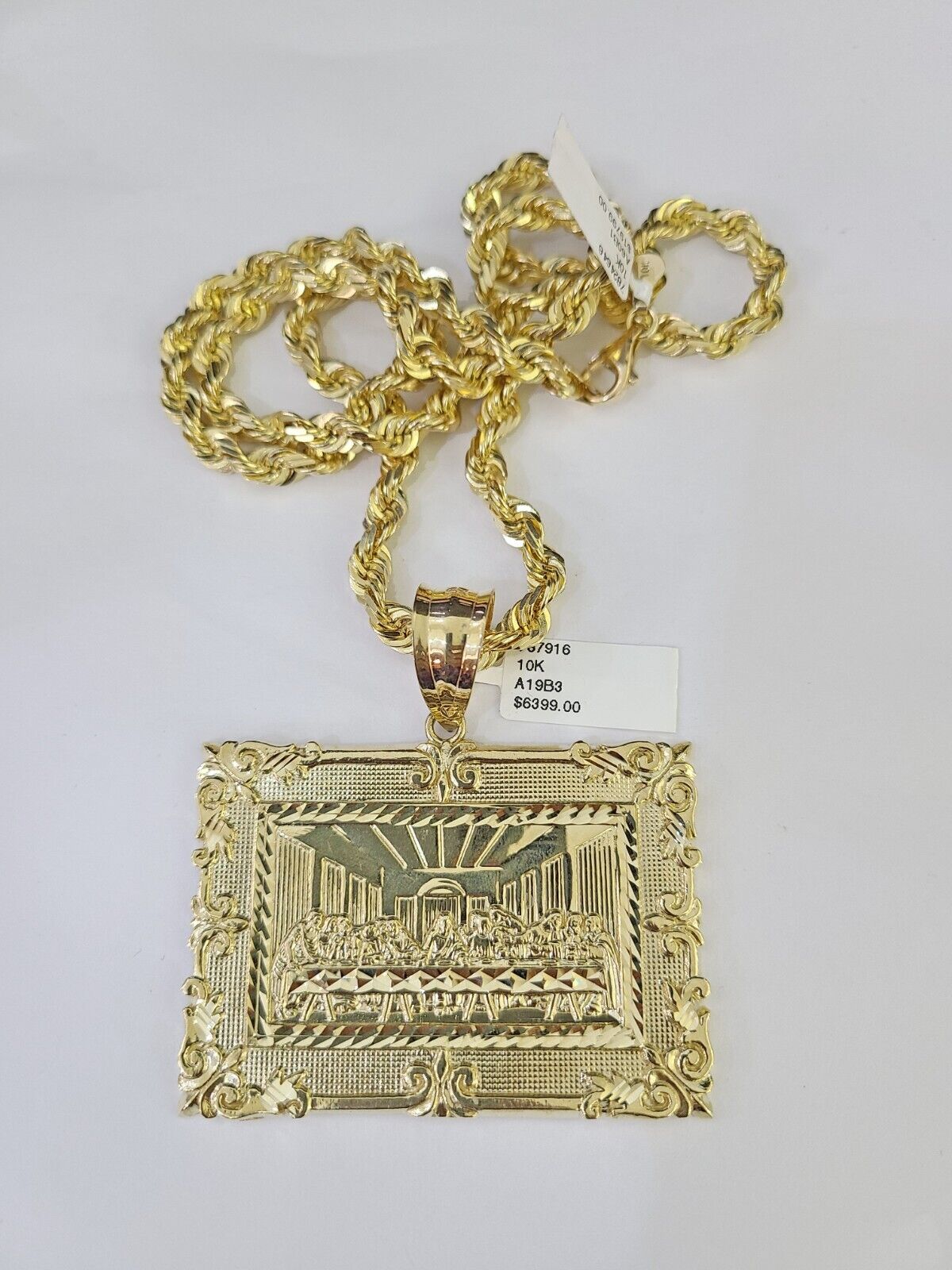 Real 10k Solid Rope Chain Last Supper Charm Set 6mm 20"-30" Inch Necklace Gold