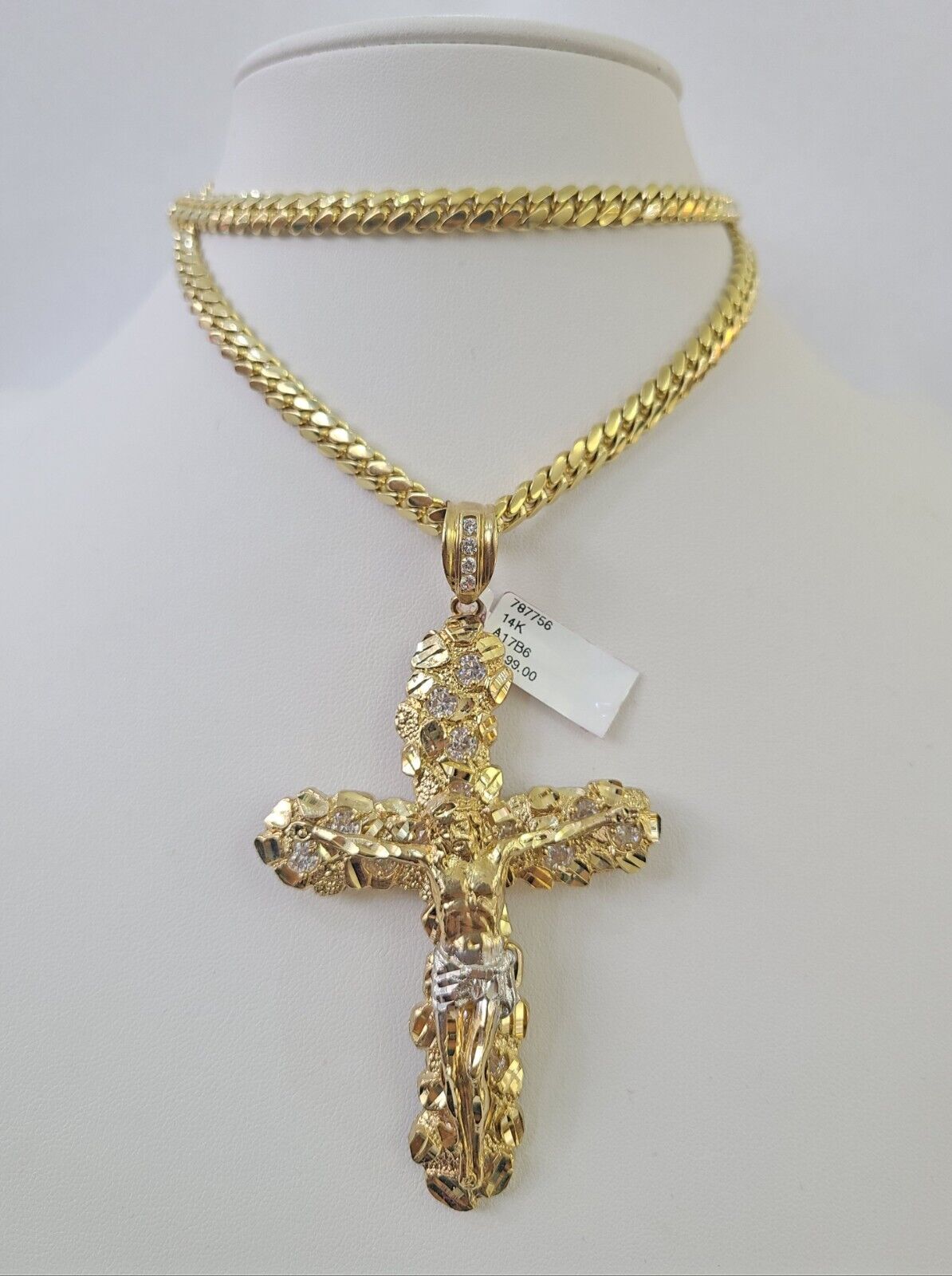 Real 14k Solid Chain Cross Charm Set Miami Cuban Link 6mm Necklace Pendant Gold