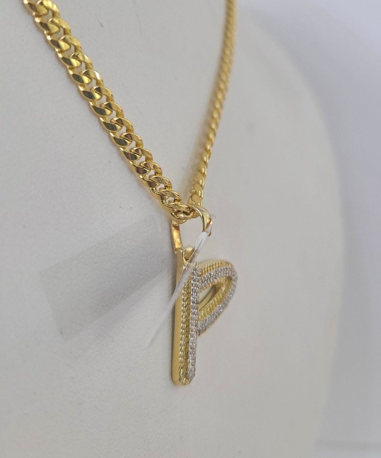 10k Miami Cuban Chain P Diamond Charm Set 4mm 18-26"Yellow Gold Necklace Pendant