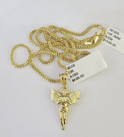 10K Franco Chain Praying Angel Pendant Charm Necklace 16"-24" 2mm Gold SET