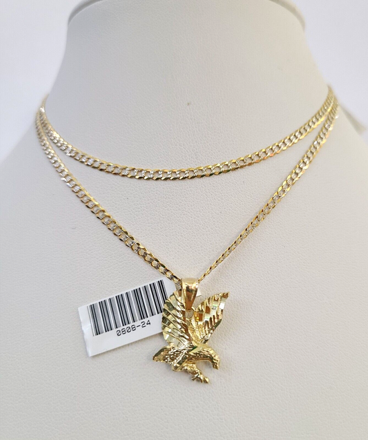 10k Solid Gold Cuban Curb Chain Flying Eagle Pendant 2mm 18"-24" SET Necklace