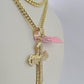 Real 14k Chain Cross Charm Set Miami Cuban Link 4mm Necklace Pendant Yellow Gold