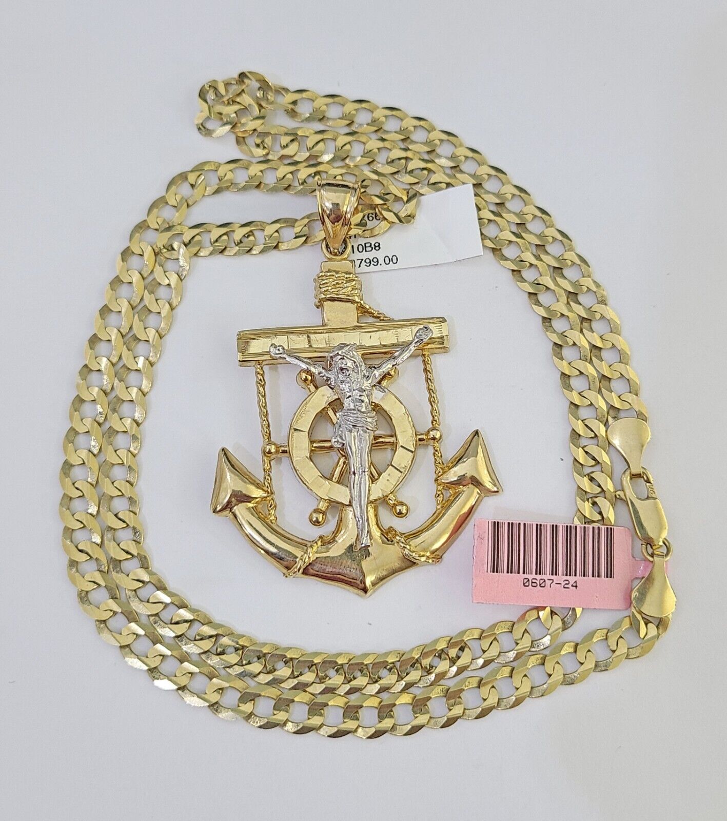 14k Gold Chain Jesus Anchor Charm Solid Cuban Curb 5mm 20"-26" Inch SET Necklace