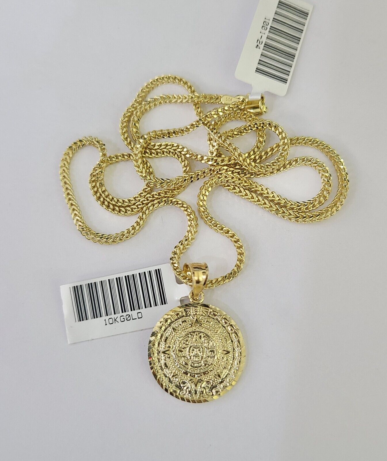 10K Franco Chain Mayan Calendar Pendant Charm Necklace 16"-24" 2mm Gold SET