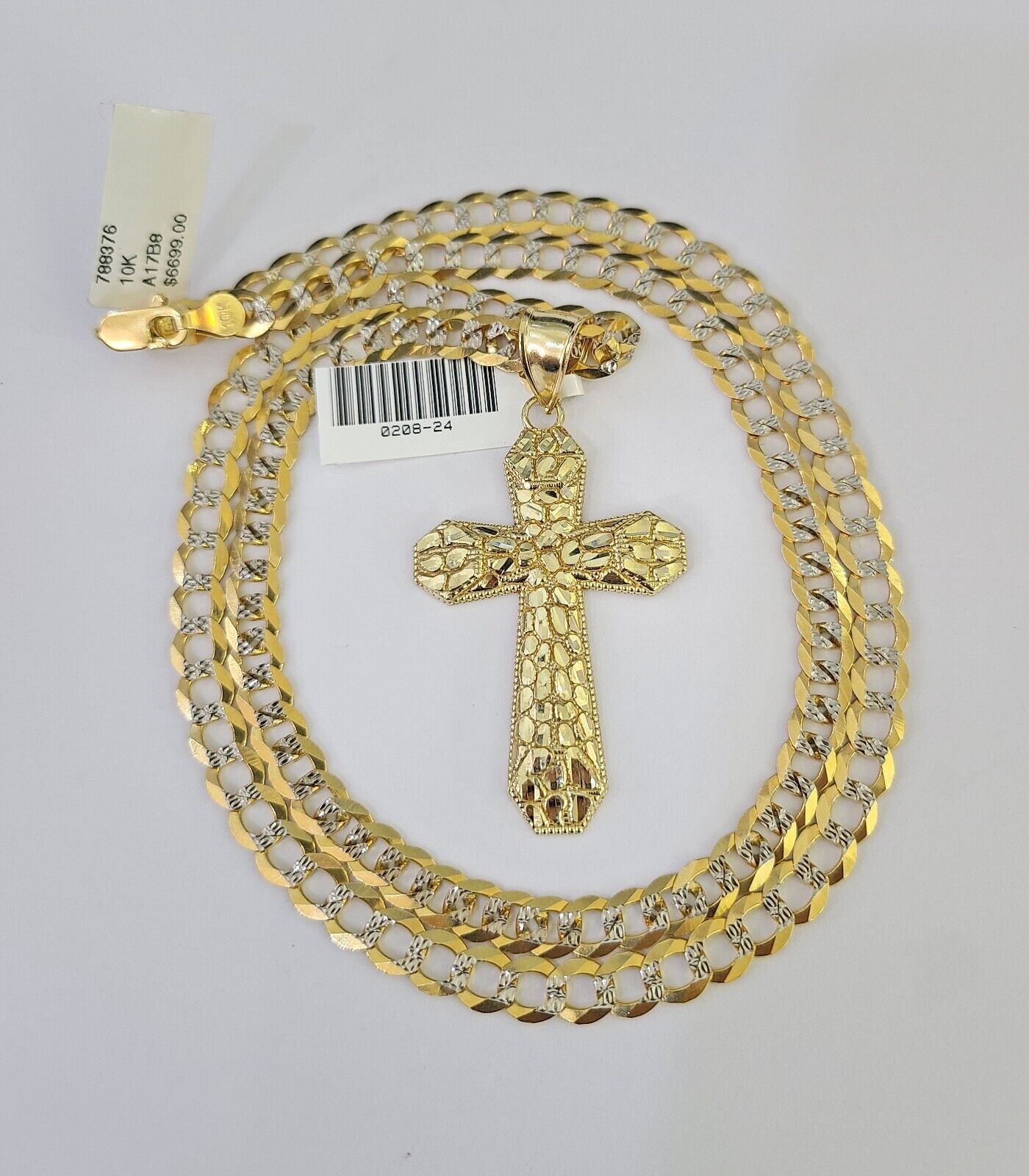 10k Solid Gold Cuban Curb Chain Jesus Cross Pendant 6mm 20"-30" SET Necklace