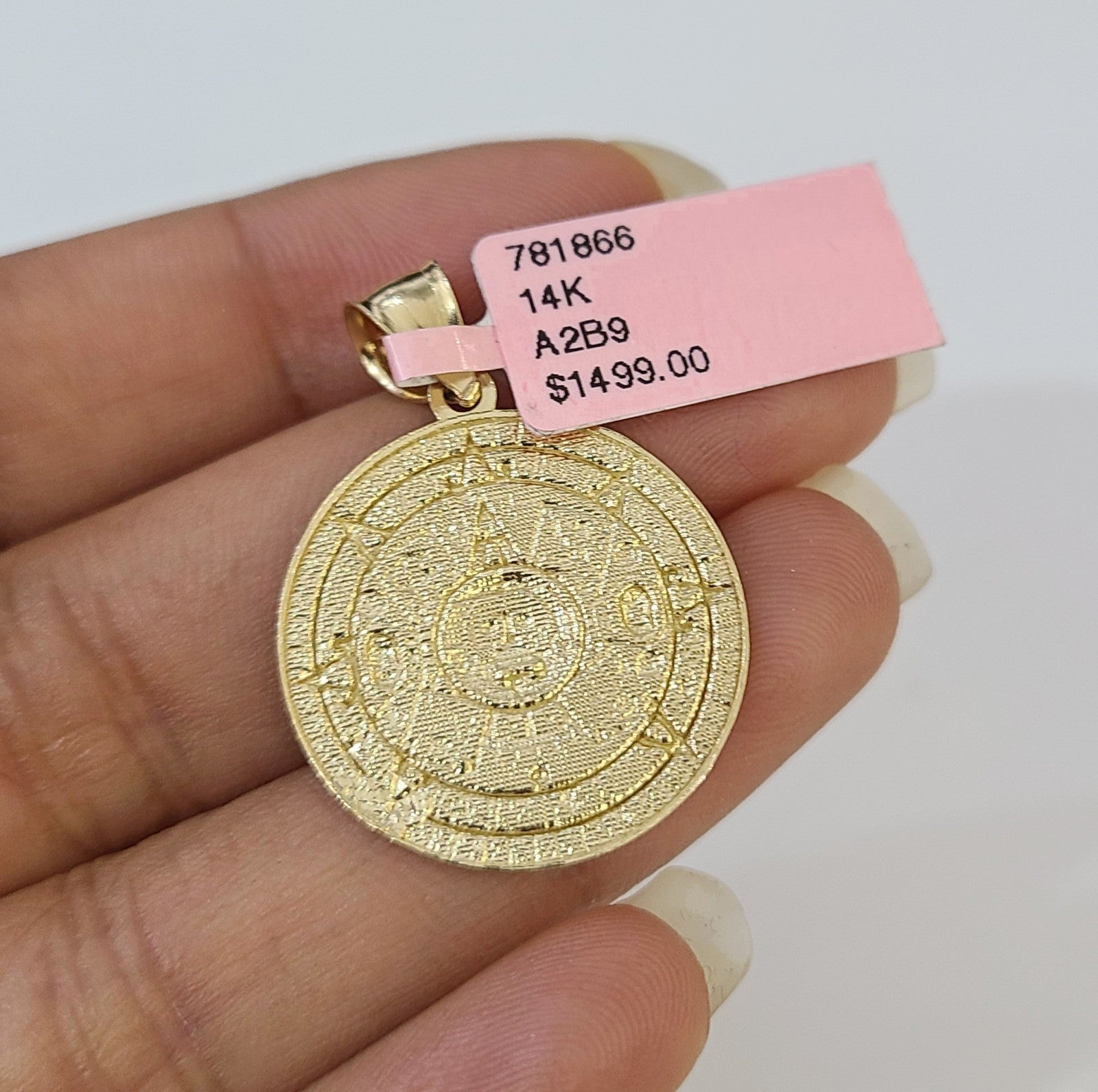 14k Solid Figaro Chain Mayan Calendar Pendant Gold 4mm 18-28 inch SET Necklace