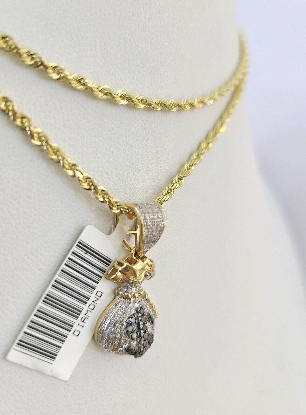 10k Solid Rope Chain 2mm Money Bag Diamond Pendant Charm Necklace SET 18-22 in