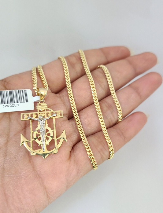 10K Solid Gold Miami Cuban Chain Jesus Anchor Pendant Charm 18"-26" 2.5mm SET