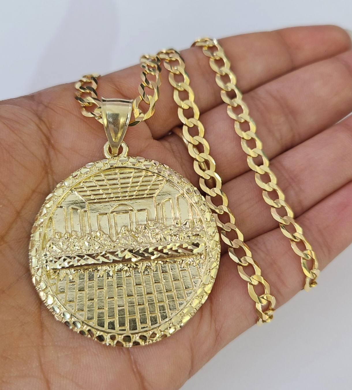 10k Gold Chain Last Supper Nugget Pendant Cuban Curb Link 5mm 18"-28" Inch SET