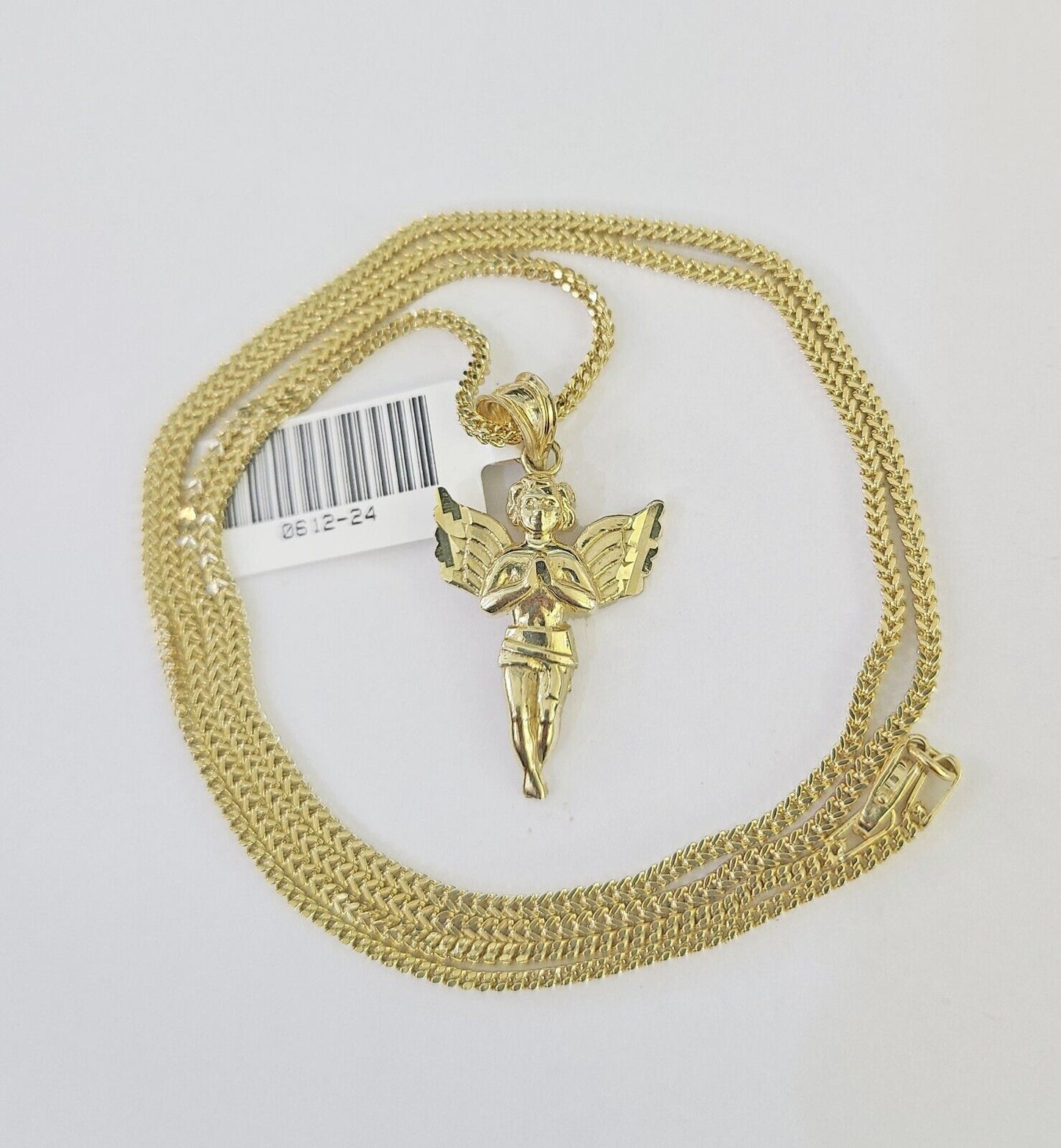 10K Solid Franco Chain Praying Angel Pendant Charm Necklace 18"-24" 1mm Gold