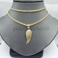 10k Yellow Gold Angel Wing Pendant Charm 10k Solid Rope palm Byzantine chain Set