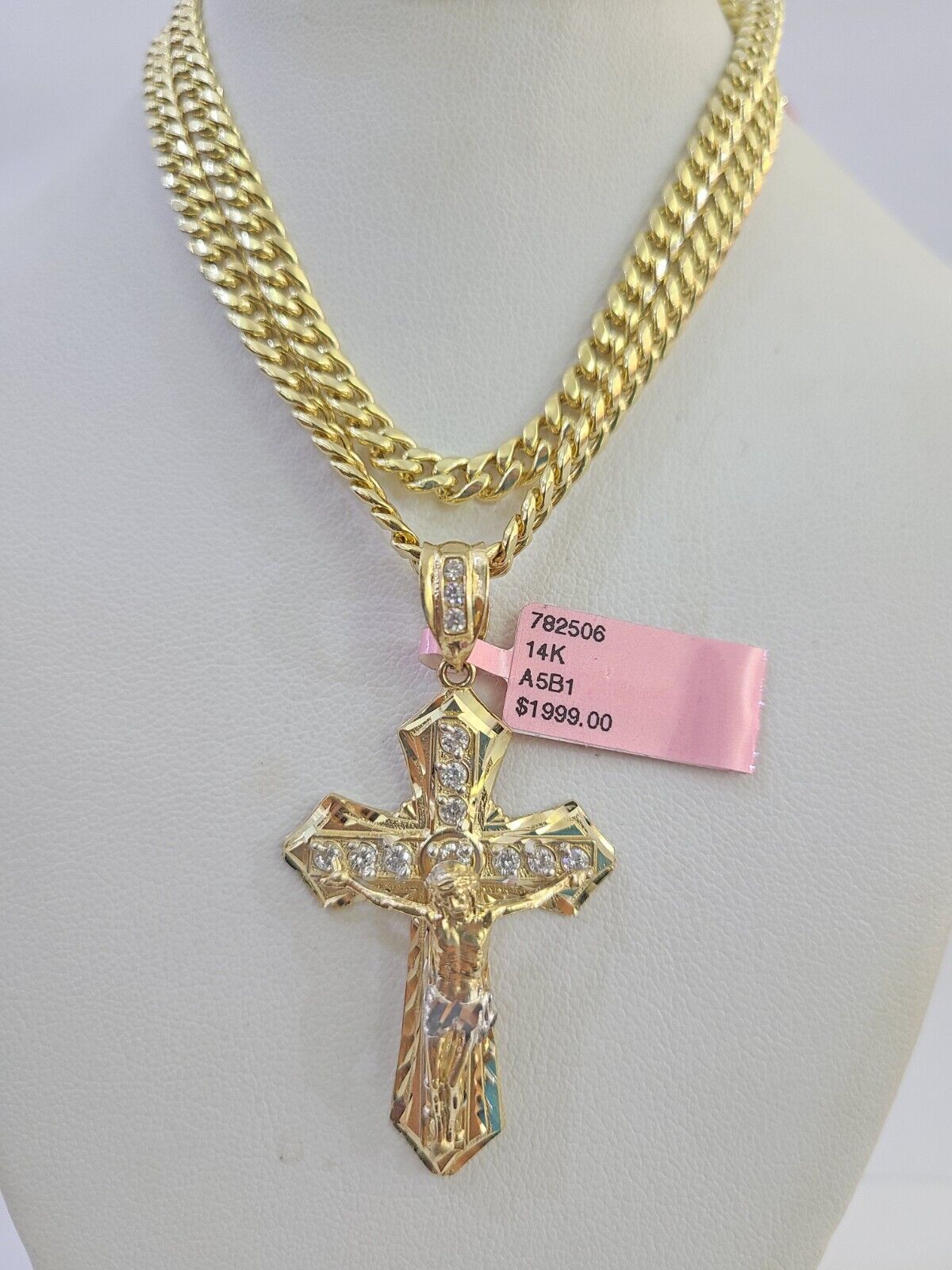 Real 14k Chain Cross Charm Set Miami Cuban Link 5mm 18"-30" Necklace Pendant