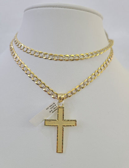 10k Gold Chain Cross Charm Solid Cuban Curb Link 5mm 18"-28" Inch DiamondCut SET