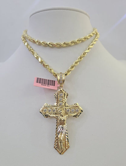 Real 14k Rope Chain Jesus Cross Charm Yellow Gold Set 5mm 20"-30" Necklace