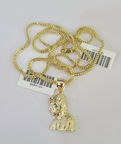 10K Franco Chain Jesus Head Pendant Charm Necklace 16"-24" 2mm Yellow Gold SET