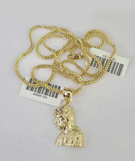 10K Franco Chain Jesus Head Pendant Charm Necklace 16"-24" 2mm Yellow Gold SET