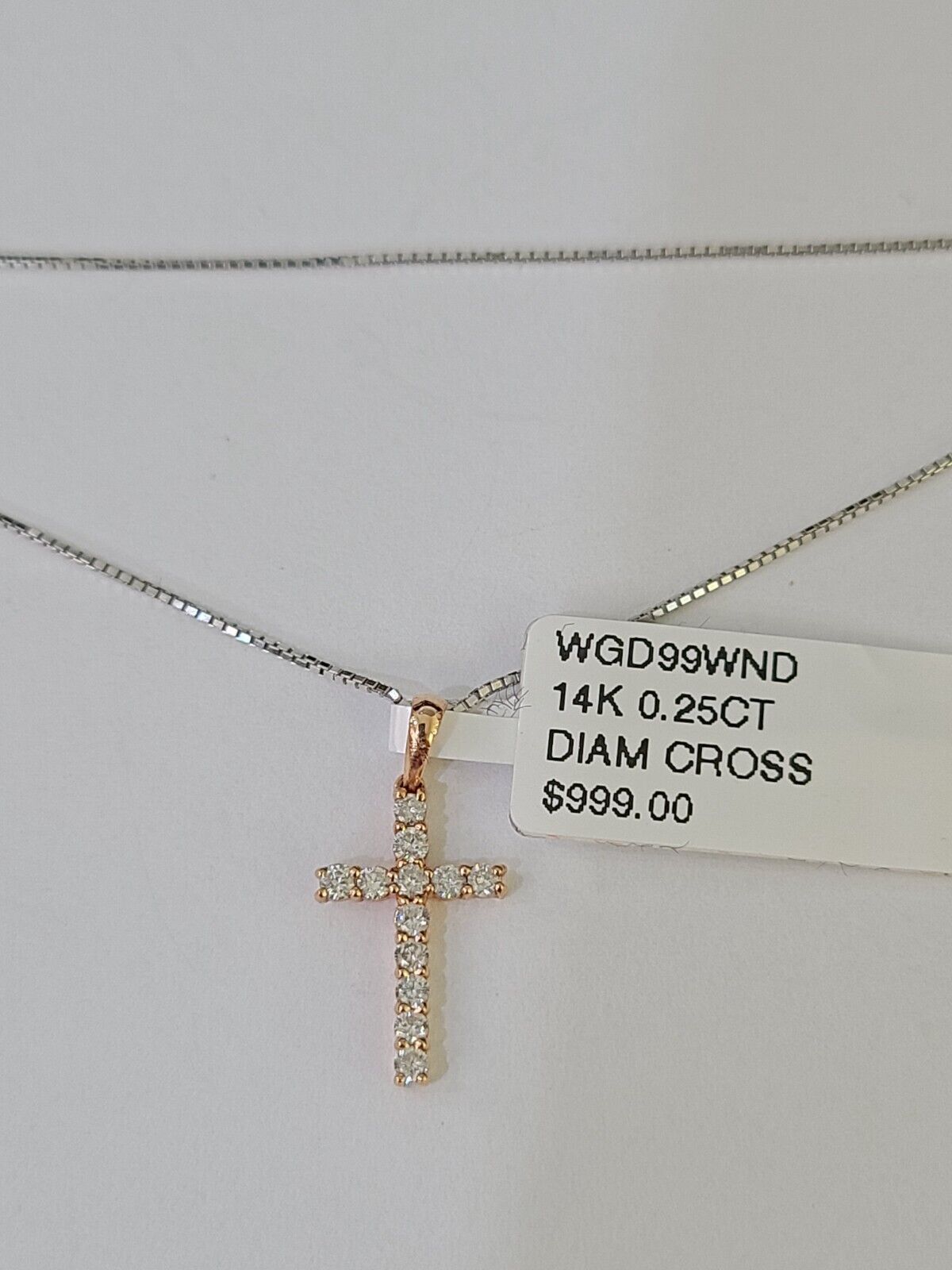 Real 14k Box Chain Jesus Cross Diamond Pendant Gold Necklace SET Women