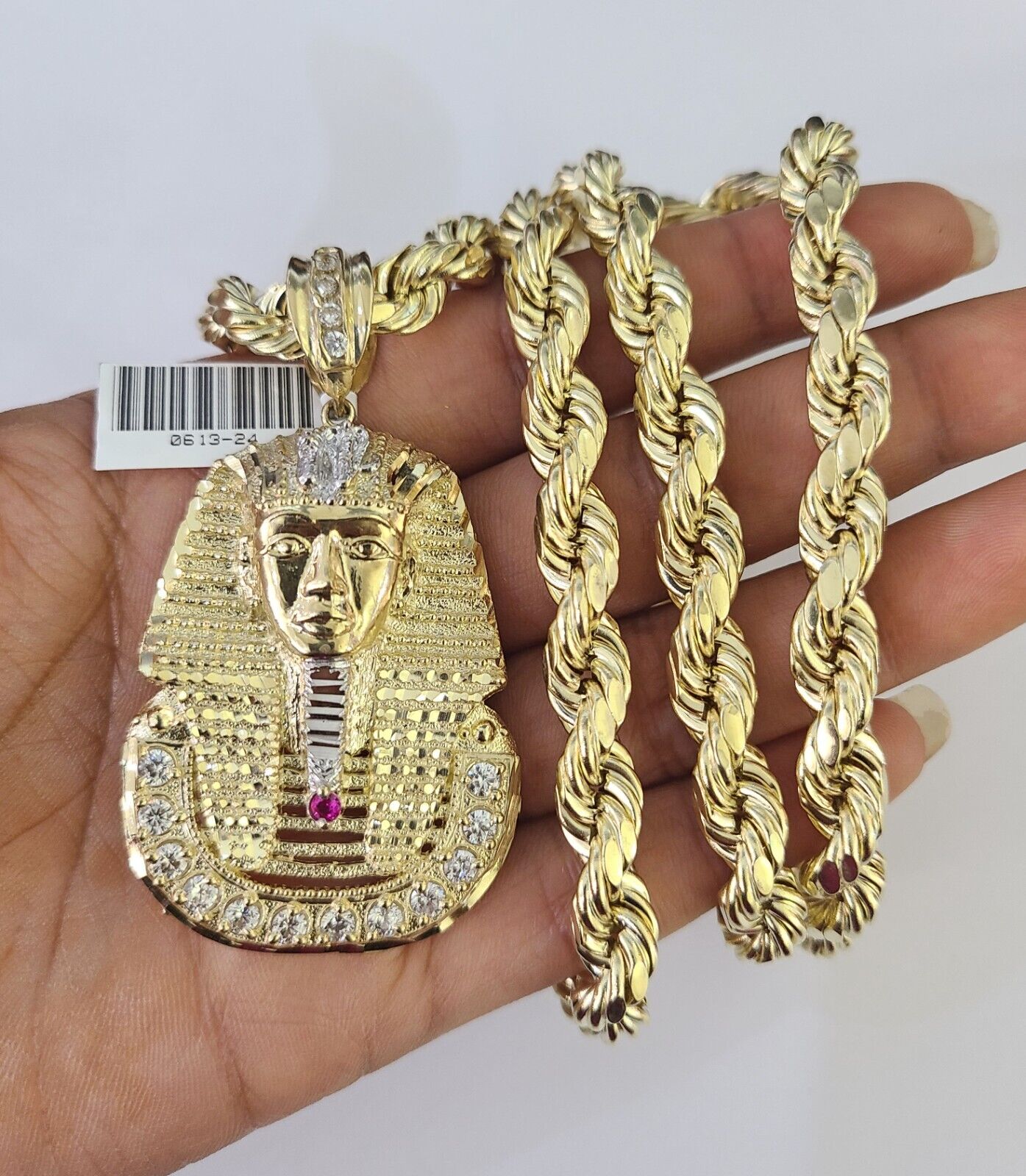 Real 10k Rope Chain Pharaoh Charm Set 8mm 20"-30" Inch Necklace Yellow Gold