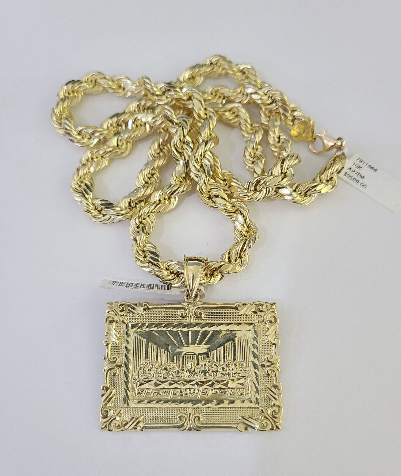 Real 10k Rope Chain Last Supper Charm Set 8mm 20"-30" Inch Necklace Gold