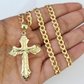 10k Gold Chain Jesus Cross Charm Pendant Cuban Curb Link 5mm 18"-28" Inch SET
