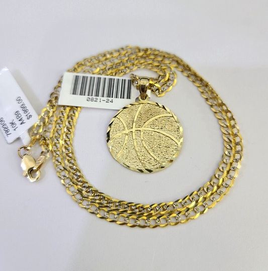 10k Solid Gold Cuban Curb Chain Basket Ball Pendant 2.5mm 18"-26" SET Necklace