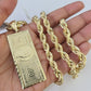 Real 10k Rope Chain 100$ Bill Money Charm Set 7mm 20"-28" Inch Necklace Gold