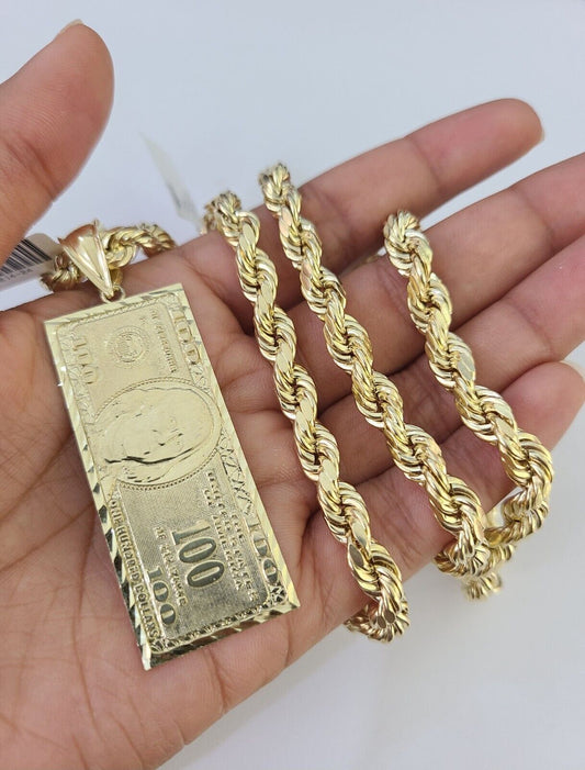 Real 10k Rope Chain 100$ Bill Money Charm Set 7mm 20"-28" Inch Necklace Gold