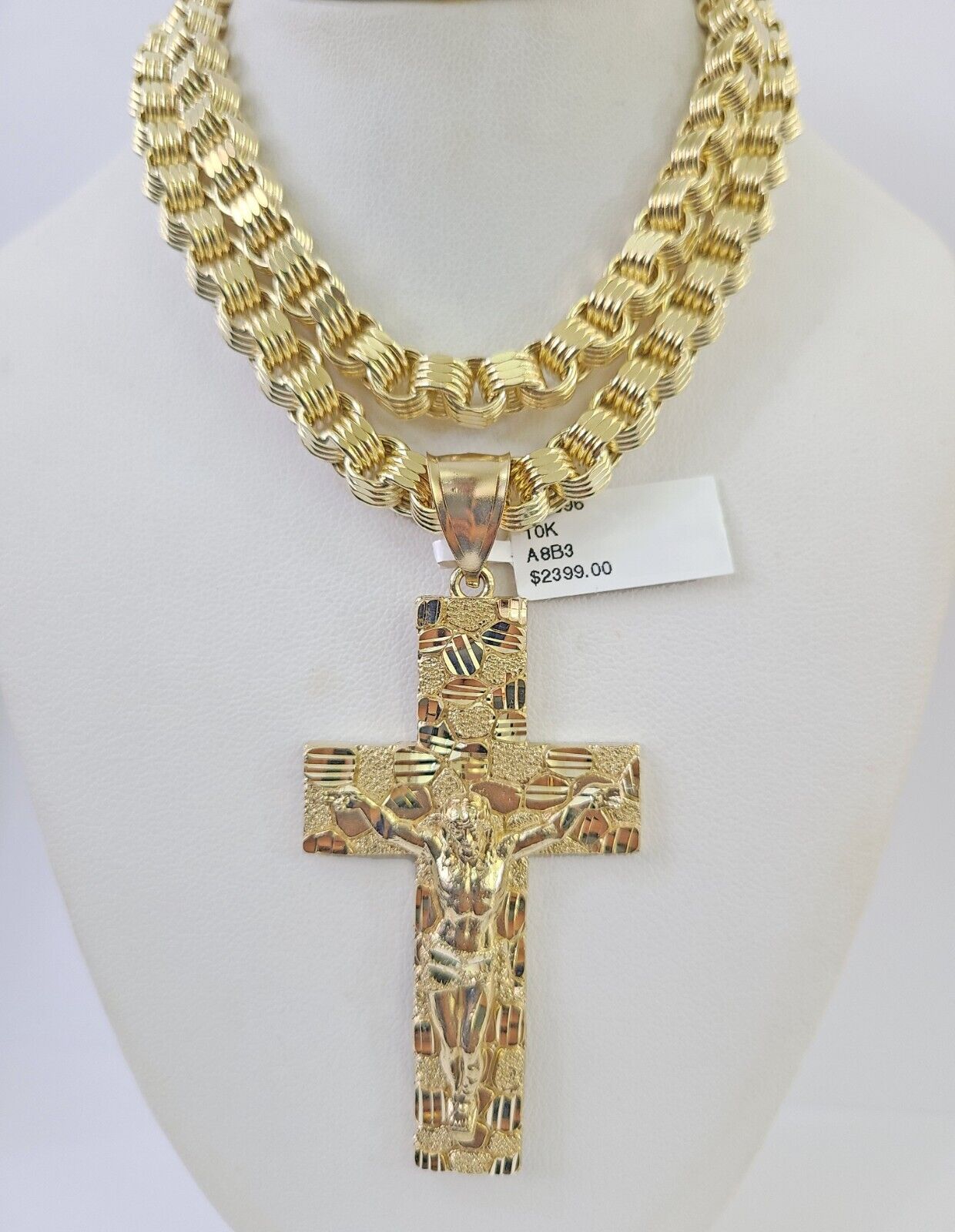 10k Gold Byzantine Necklace Jesus Cross Charm 20-30 inches 6mm SET Chain Pendant