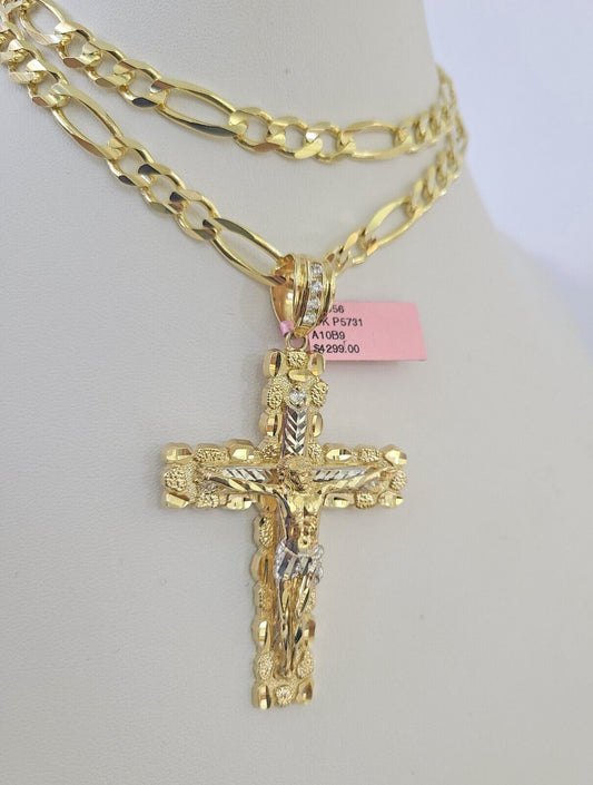 14k Figaro Chain Jesus Cross Charm Pendant Gold 7mm 20-30 inch SET Necklace