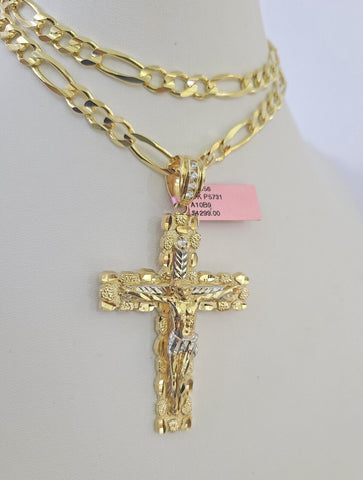 14k Figaro Chain Jesus Cross Charm Pendant Gold 7mm 20-30 inch SET Necklace