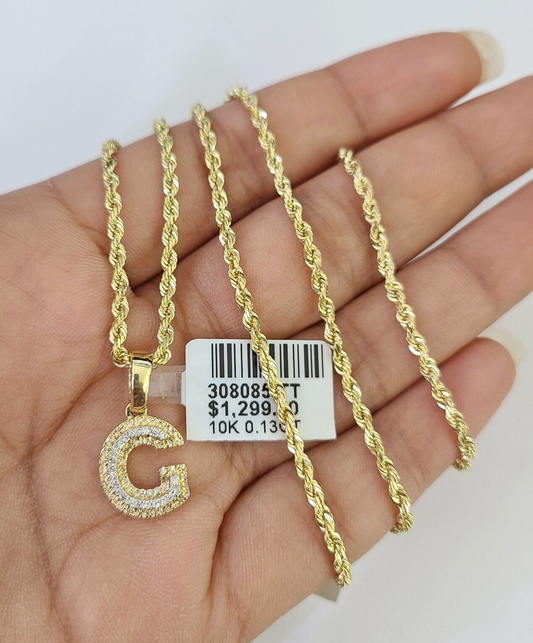 10k Solid Rope Chain 2mm G Initial Diamond Pendant Charm Necklace SET 18-22 in