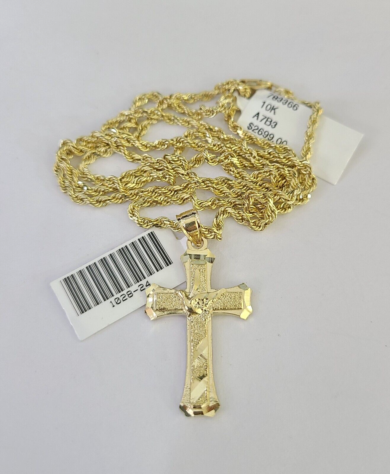 10k Solid Rope Chain 2mm Necklace Jesus Cross Pendant Charm SET 18-24 in