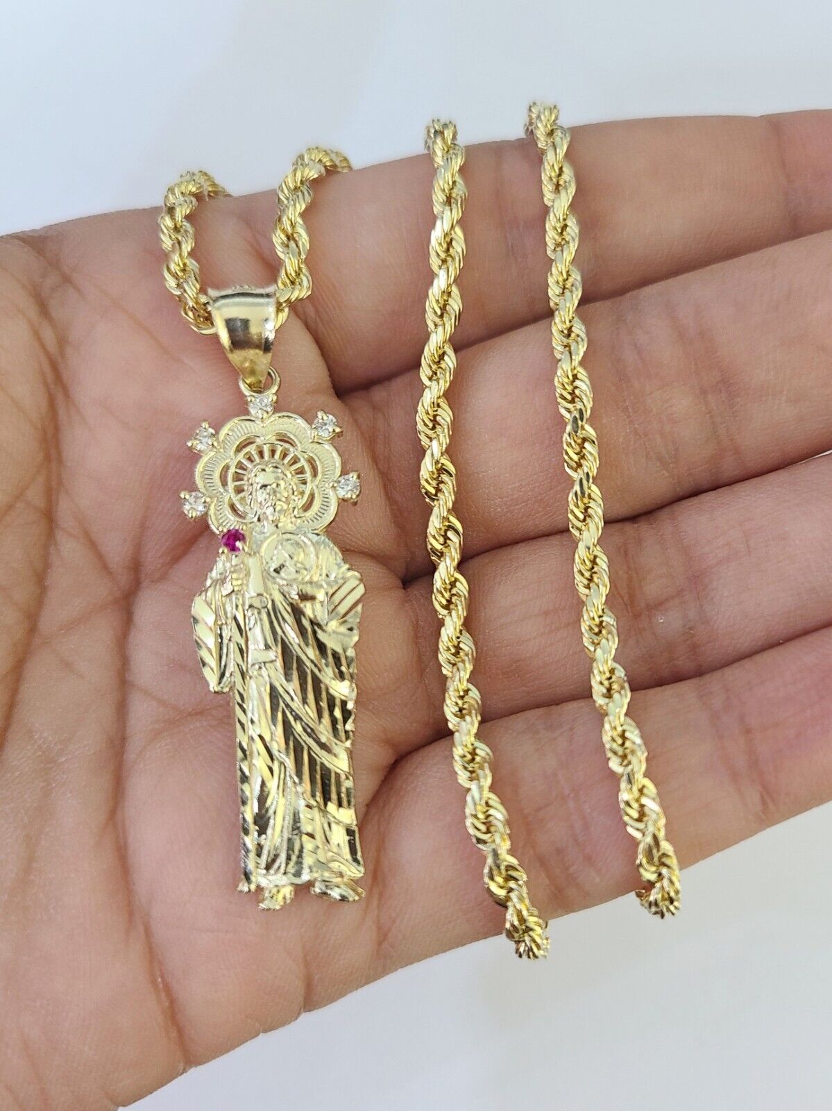 10k 3mm Rope Chain Saint Jude Pendant 18"-30" Yellow Gold Set Charm Necklace