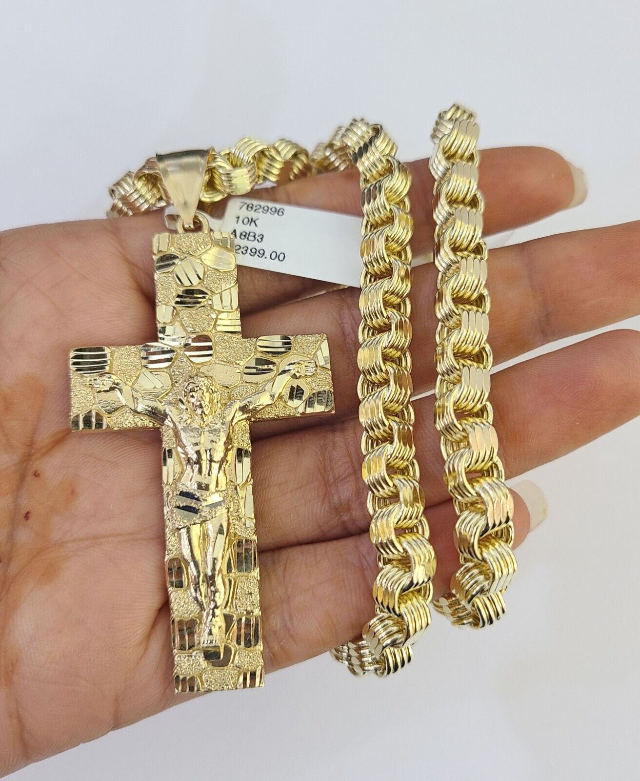 10k Gold Byzantine Necklace Jesus Cross Charm 20-30 inches 6mm SET Chain Pendant