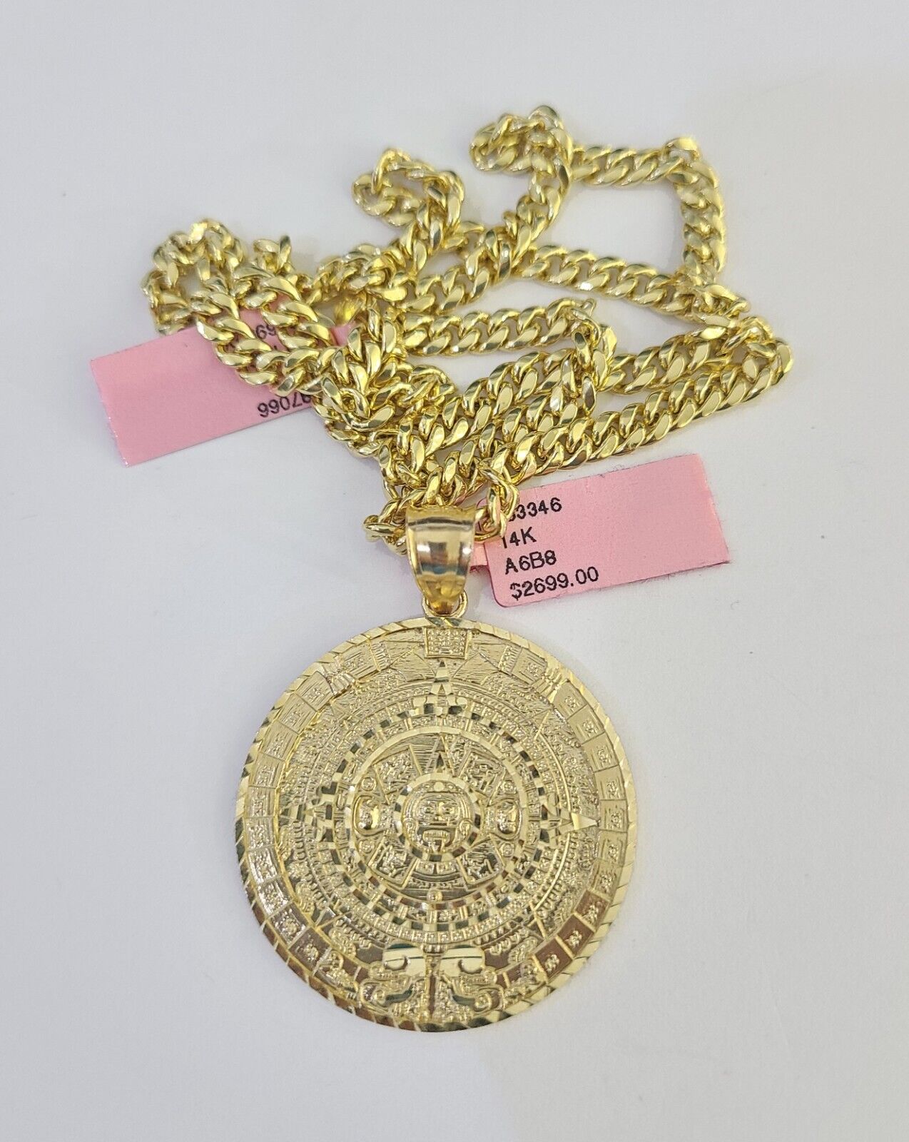 14k Chain Mayan Calendar Charm Set Miami Cuban Link 5mm 18"-30" Necklace Pendant