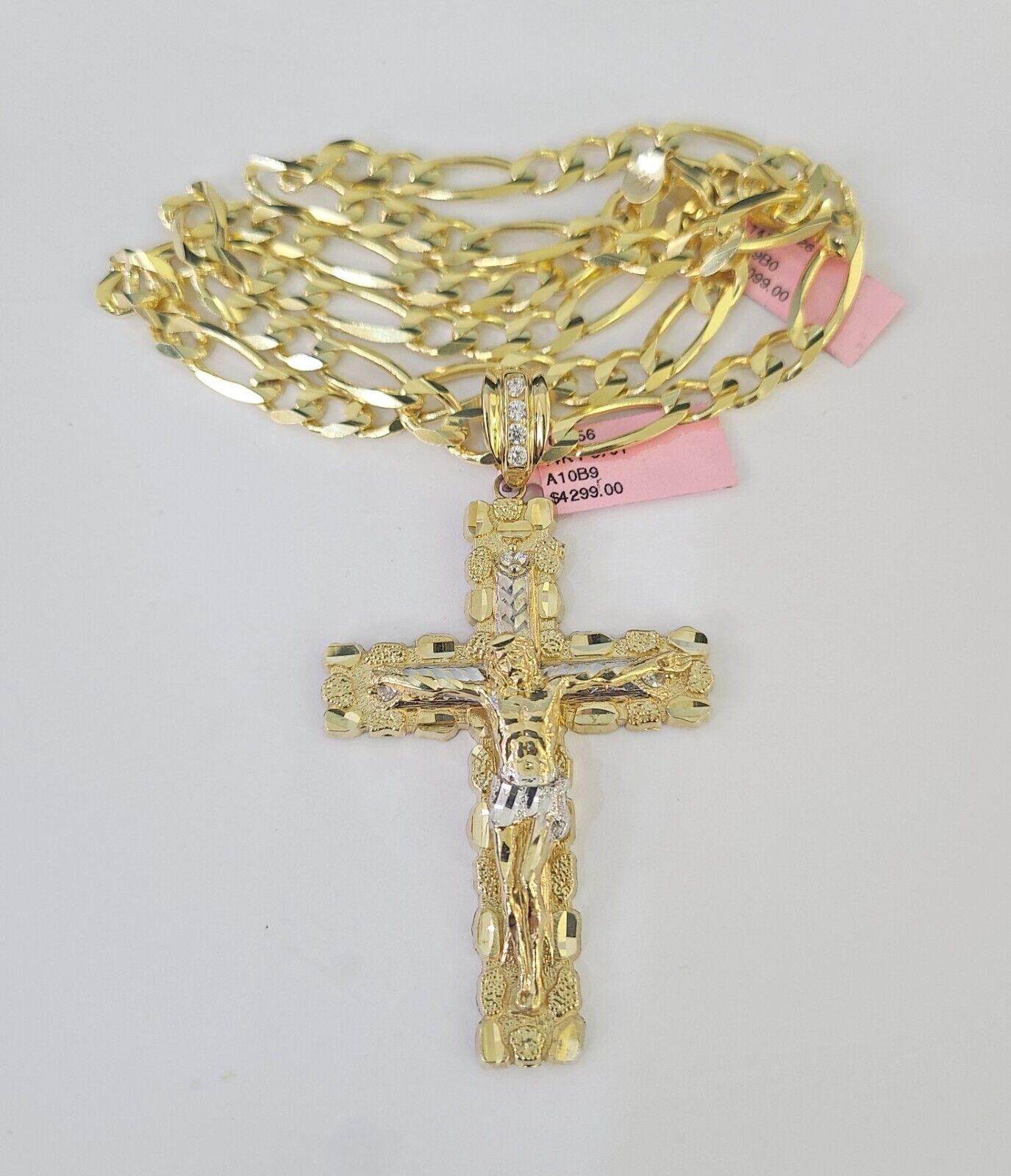 14k Figaro Chain Jesus Cross Charm Pendant Gold 7mm 20-30 inch SET Necklace