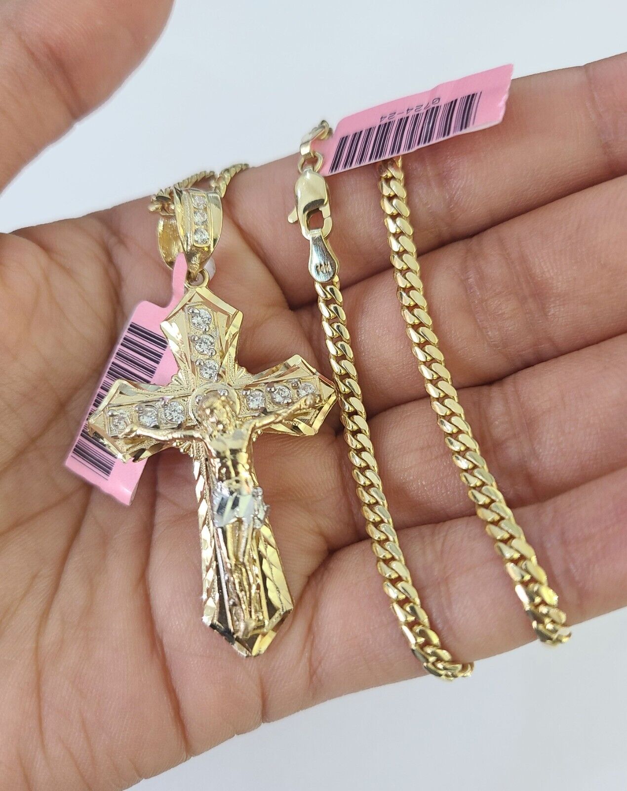 Real 14k Solid Chain Cross Charm Set Miami Cuban Link 3mm Necklace Pendant Gold