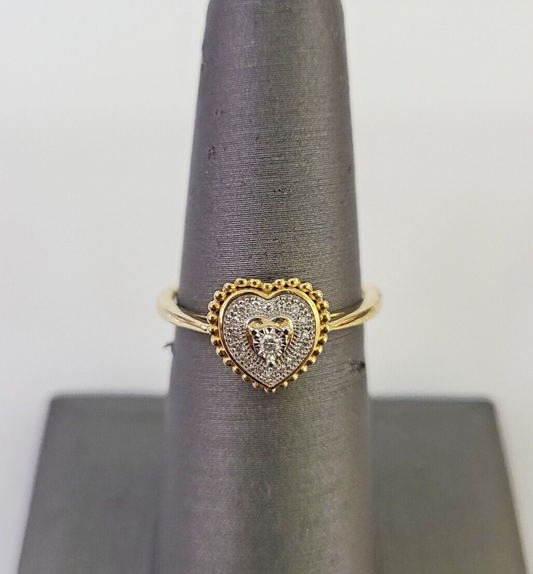 Real 10k Hearts Diamond Ladies Ring Women Casual 10Kt Yellow Gold