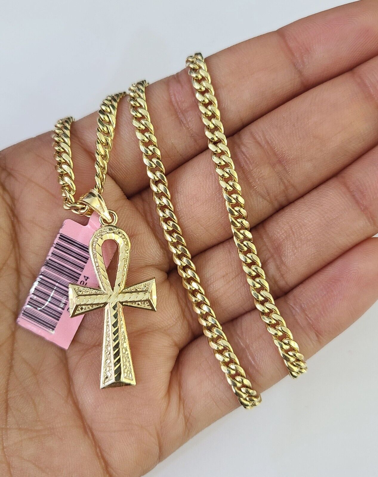 Real 14k Chain Cross Charm Set Miami Cuban Link 4mm Necklace Pendant Yellow Gold